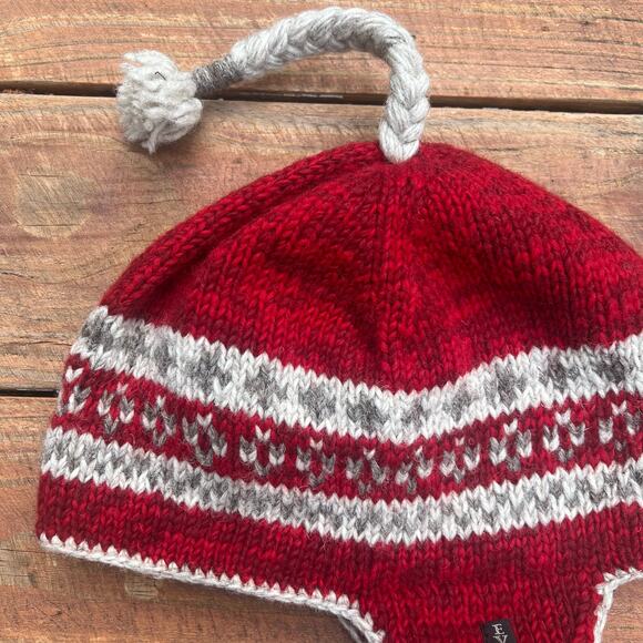 Everest Designs Wool Beanie Ear Flap Red Fair Isle Hand Knit Nepal Tassel Hat - Picture 10 of 13